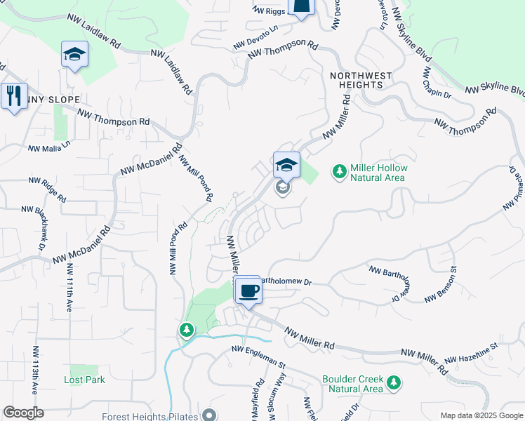 map of restaurants, bars, coffee shops, grocery stores, and more near 9802 Northwest Justus Lane in Portland