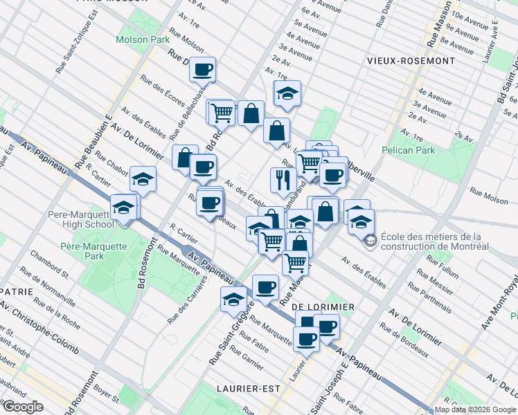map of restaurants, bars, coffee shops, grocery stores, and more near 5676 Avenue des Érables in Montréal
