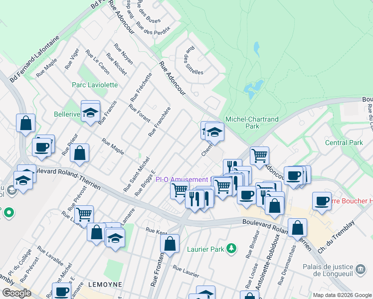 map of restaurants, bars, coffee shops, grocery stores, and more near 972 Rue Boulé in Longueuil