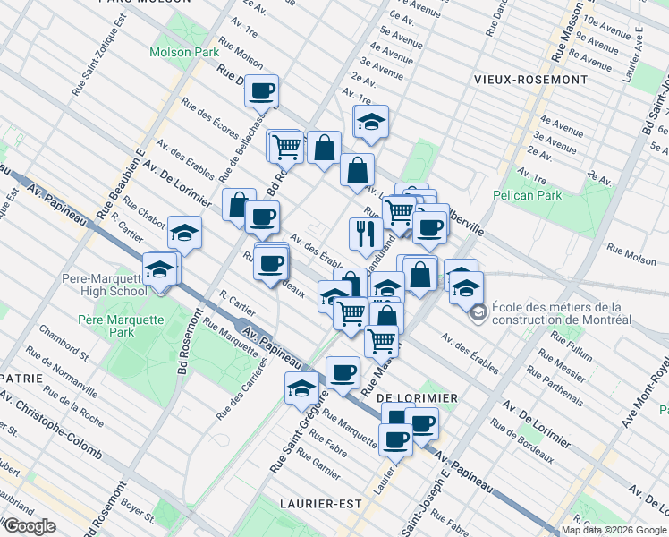 map of restaurants, bars, coffee shops, grocery stores, and more near 5676 Avenue des Érables in Montréal