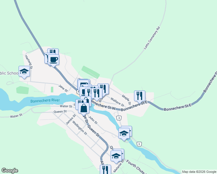 map of restaurants, bars, coffee shops, grocery stores, and more near 228 Bruce Street in Renfrew