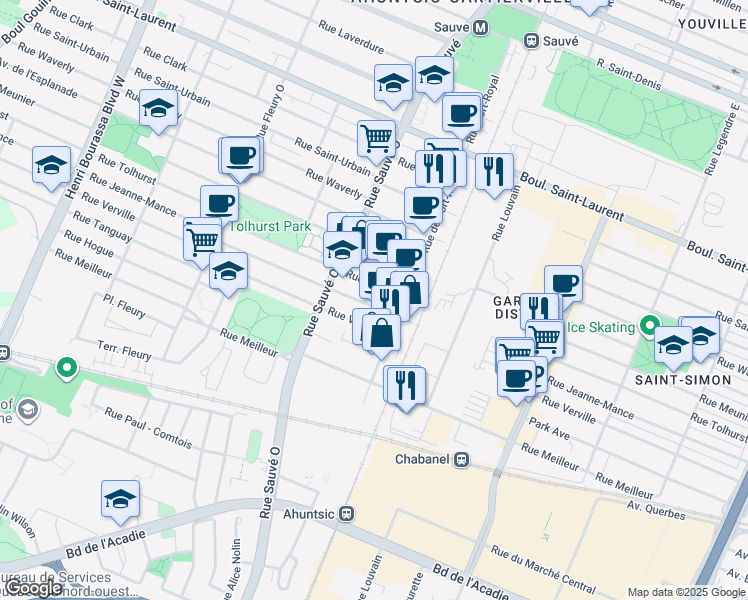map of restaurants, bars, coffee shops, grocery stores, and more near in Montreal