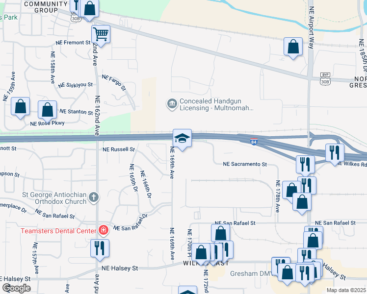 map of restaurants, bars, coffee shops, grocery stores, and more near 17020 Northeast Wilkes Road in Portland