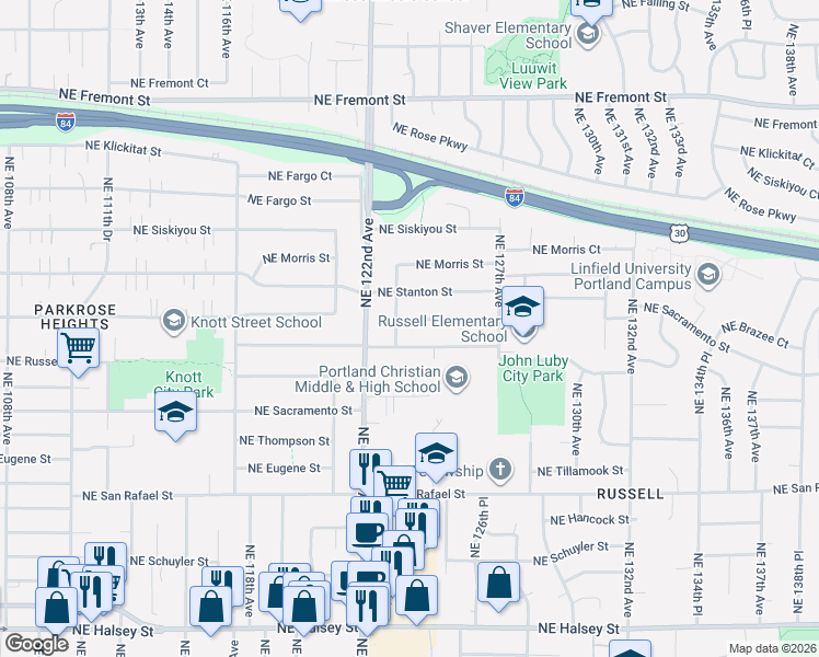 map of restaurants, bars, coffee shops, grocery stores, and more near 12330 Northeast Knott Street in Portland