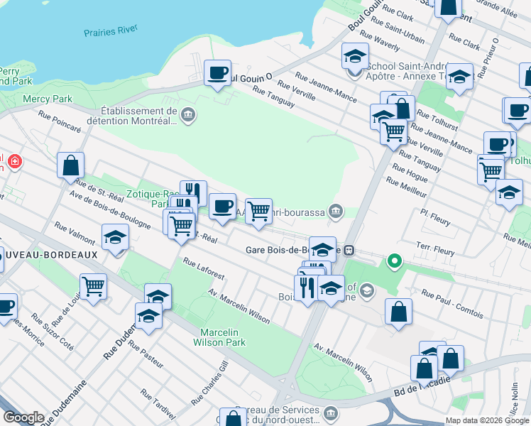 map of restaurants, bars, coffee shops, grocery stores, and more near 11374 Rue Poincaré in Montréal