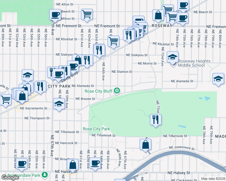 map of restaurants, bars, coffee shops, grocery stores, and more near 2623 Northeast 65th Avenue in Portland