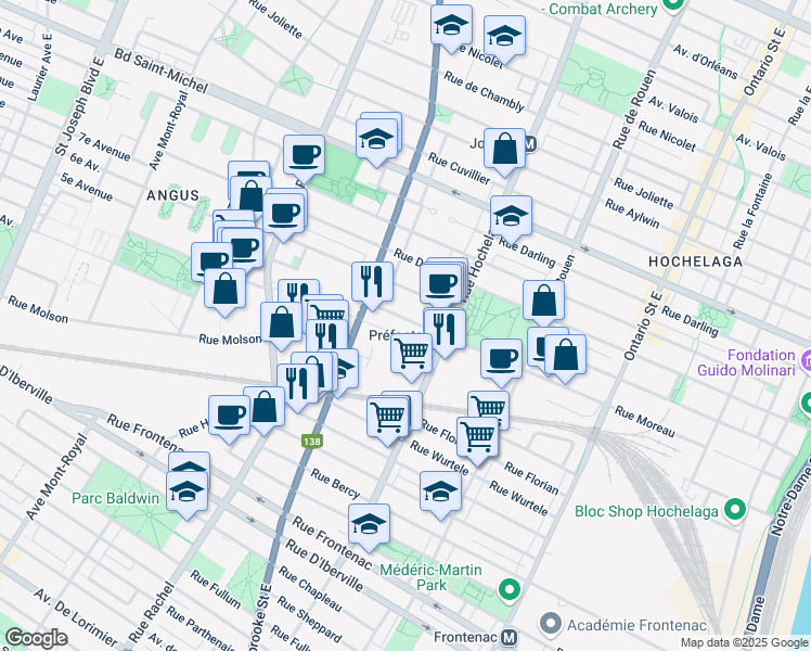 map of restaurants, bars, coffee shops, grocery stores, and more near 2594 Rue Moreau in Montréal
