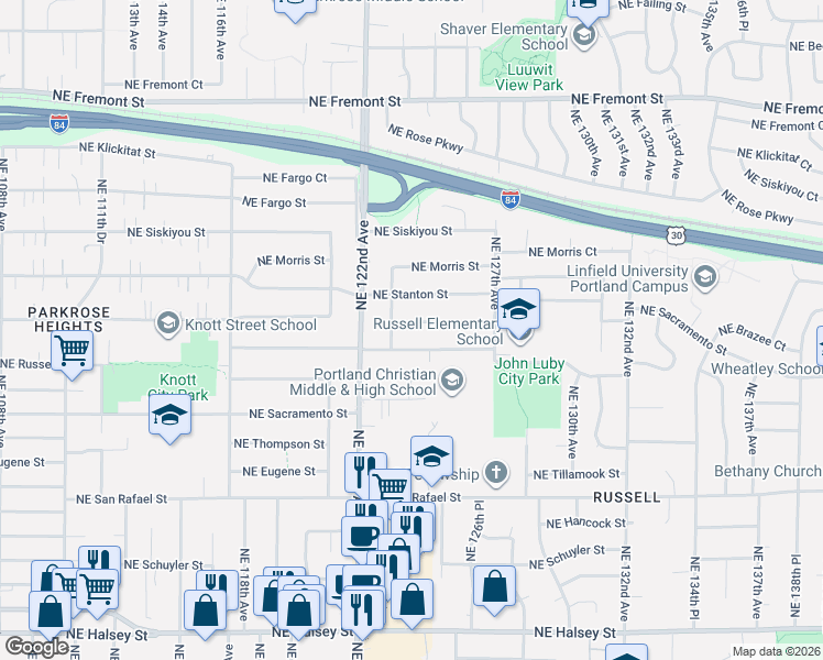 map of restaurants, bars, coffee shops, grocery stores, and more near 12342 Northeast Knott Street in Portland
