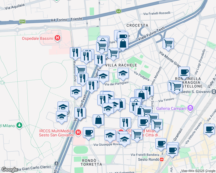 map of restaurants, bars, coffee shops, grocery stores, and more near 116 Via dei Partigiani in Cinisello Balsamo