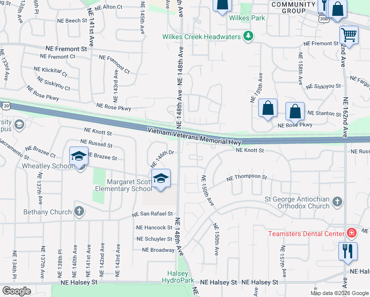 map of restaurants, bars, coffee shops, grocery stores, and more near 14827 Northeast Sacramento Street in Portland
