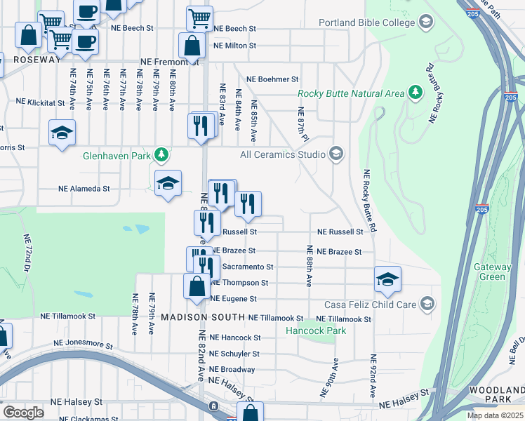 map of restaurants, bars, coffee shops, grocery stores, and more near 8430 Northeast Knott Street in Portland