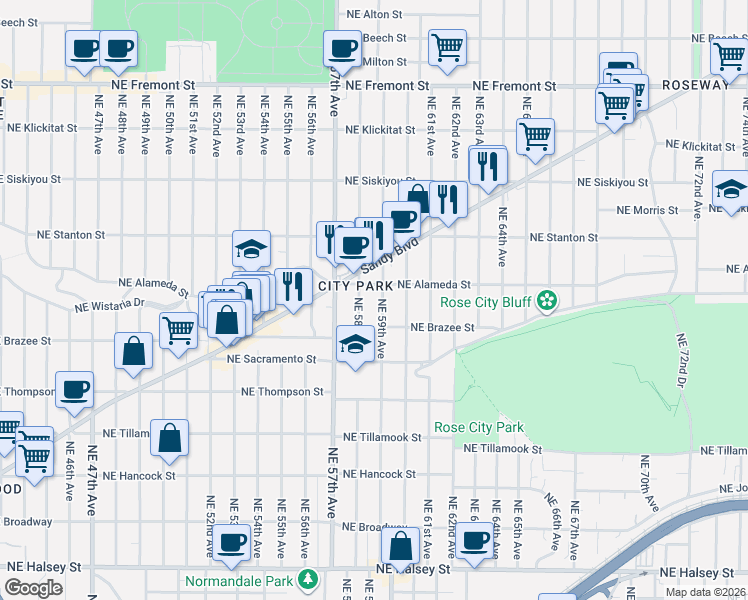 map of restaurants, bars, coffee shops, grocery stores, and more near 2541 Northeast 59th Avenue in Portland