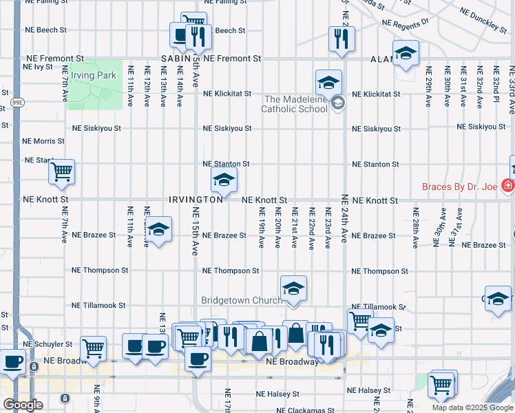 map of restaurants, bars, coffee shops, grocery stores, and more near 2614 Northeast 19th Avenue in Portland