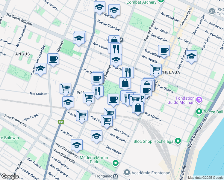 map of restaurants, bars, coffee shops, grocery stores, and more near 2427 Rue Moreau in Montréal