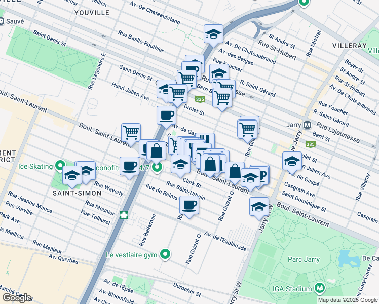 map of restaurants, bars, coffee shops, grocery stores, and more near 8595 Rue Saint-Dominique in Montréal