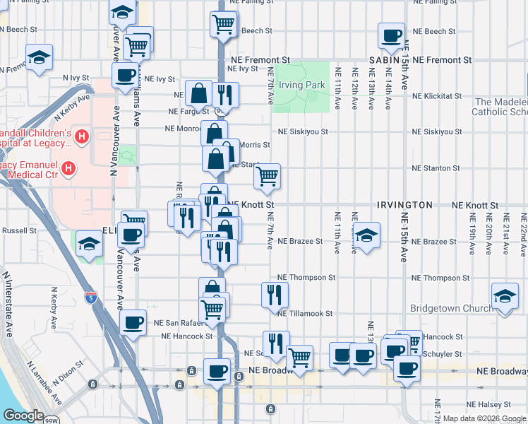 map of restaurants, bars, coffee shops, grocery stores, and more near 632 Northeast Knott Street in Portland