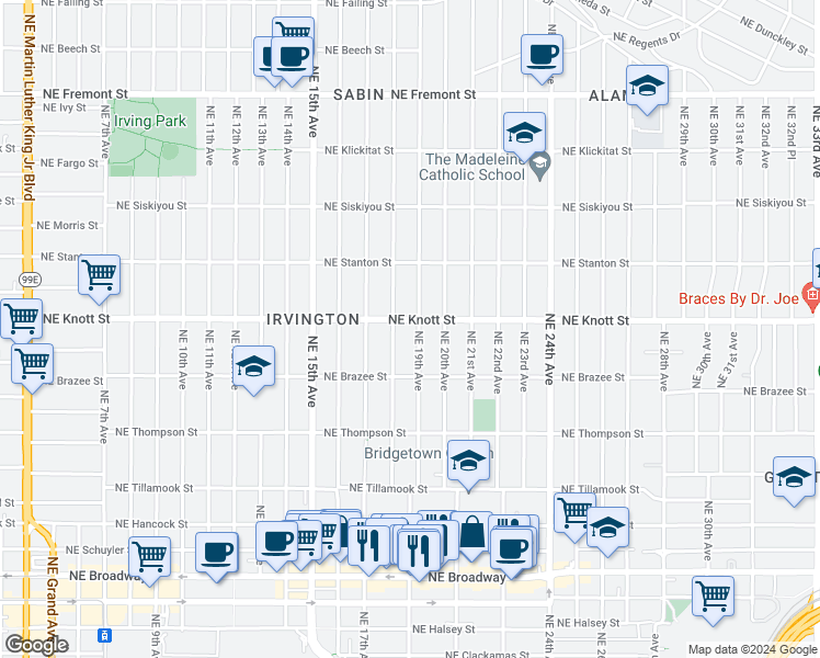 map of restaurants, bars, coffee shops, grocery stores, and more near 1828 Northeast Knott Street in Portland