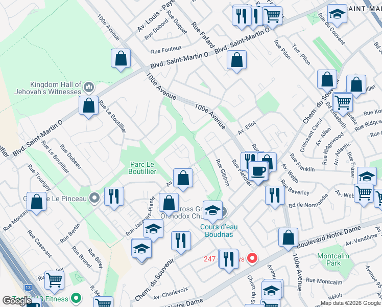 map of restaurants, bars, coffee shops, grocery stores, and more near 4883 Rue de Horta in Laval