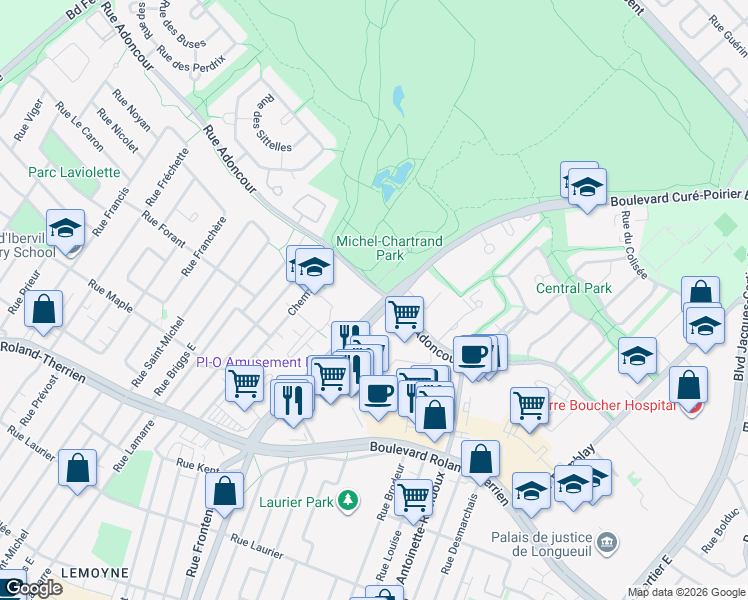 map of restaurants, bars, coffee shops, grocery stores, and more near 1205 Boulevard Curé-Poirier Est in Longueuil