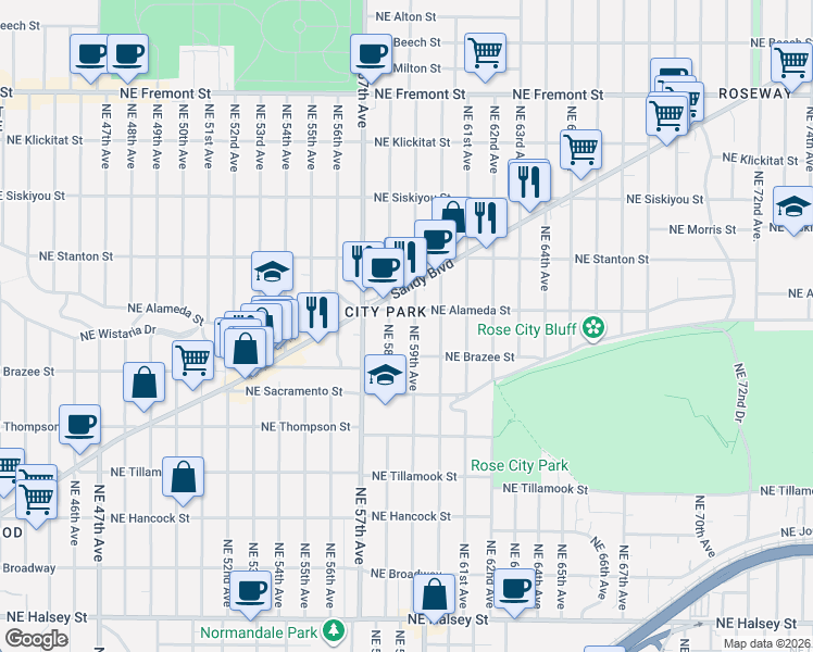 map of restaurants, bars, coffee shops, grocery stores, and more near 2541 Northeast 59th Avenue in Portland