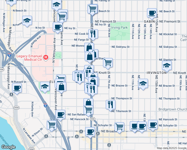 map of restaurants, bars, coffee shops, grocery stores, and more near 2650 Northeast Martin Luther King Junior Boulevard in Portland