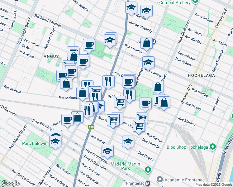 map of restaurants, bars, coffee shops, grocery stores, and more near 2610 Rue Moreau in Montréal