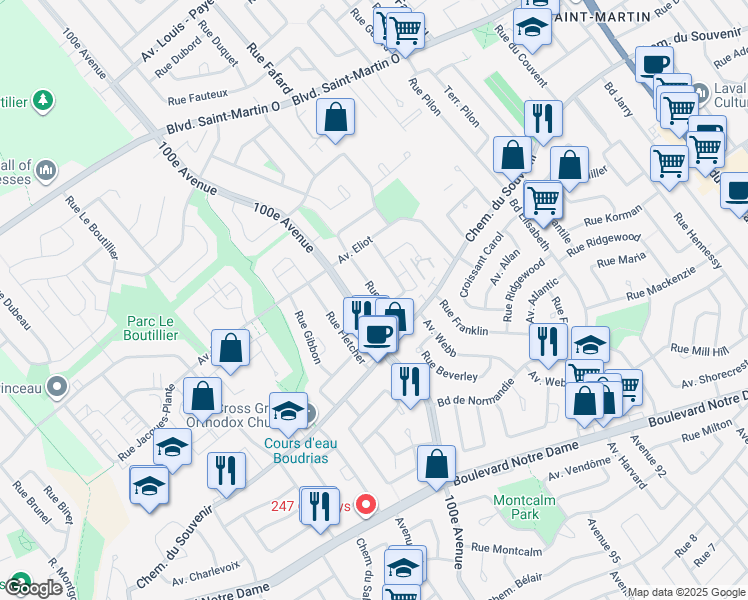 map of restaurants, bars, coffee shops, grocery stores, and more near 1284 Rue Ethier in Laval