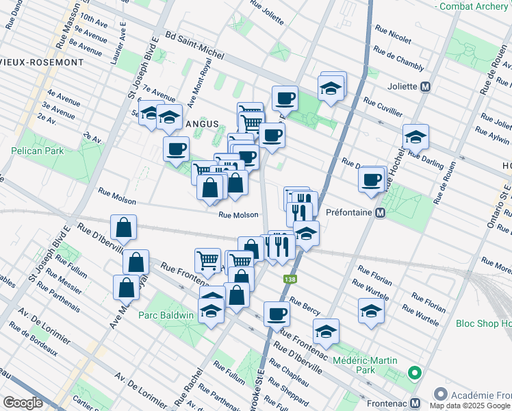 map of restaurants, bars, coffee shops, grocery stores, and more near 4056 Rue Molson in Montréal