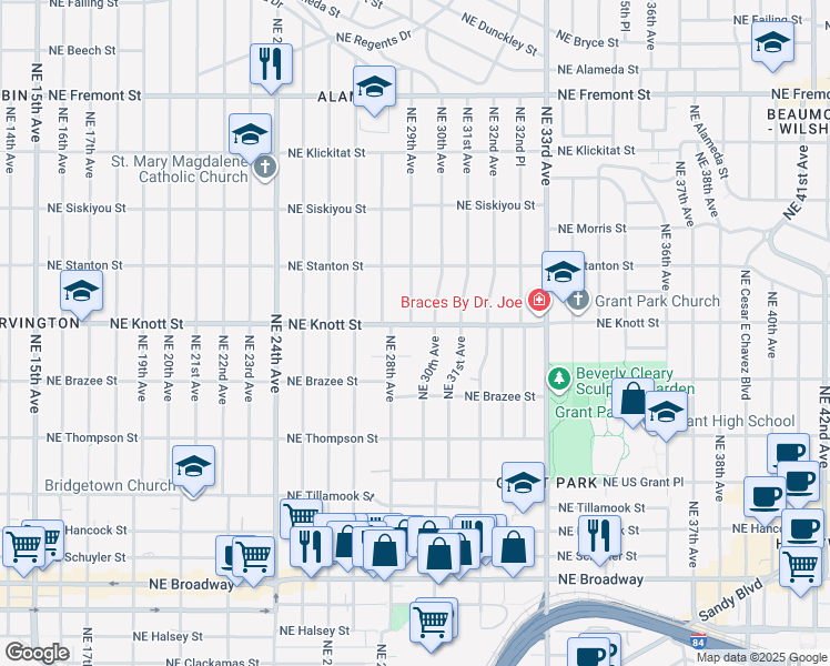 map of restaurants, bars, coffee shops, grocery stores, and more near 2904 Northeast Knott Street in Portland