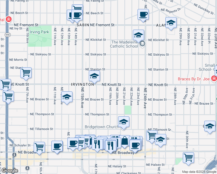 map of restaurants, bars, coffee shops, grocery stores, and more near 1828 Northeast Knott Street in Portland