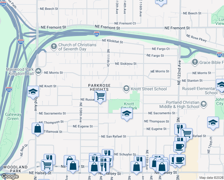 map of restaurants, bars, coffee shops, grocery stores, and more near 11237 Northeast Russell Street in Portland