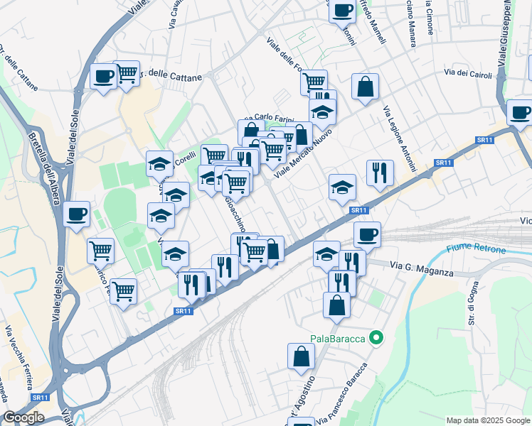 map of restaurants, bars, coffee shops, grocery stores, and more near 26 Via Pietro Mascagni in Vicenza