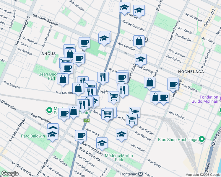 map of restaurants, bars, coffee shops, grocery stores, and more near 2610 Rue Moreau in Montréal