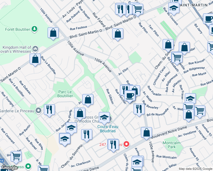 map of restaurants, bars, coffee shops, grocery stores, and more near 1417 Rue Gibbon in Laval