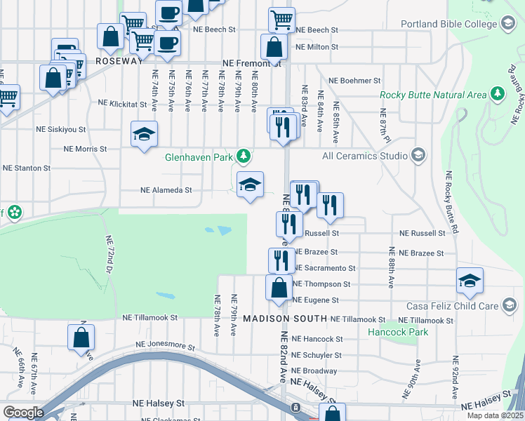 map of restaurants, bars, coffee shops, grocery stores, and more near 2735 Northeast 82nd Avenue in Portland