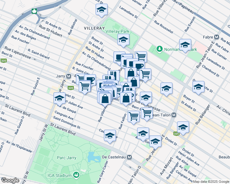 map of restaurants, bars, coffee shops, grocery stores, and more near 7665 Rue Lajeunesse in Montreal