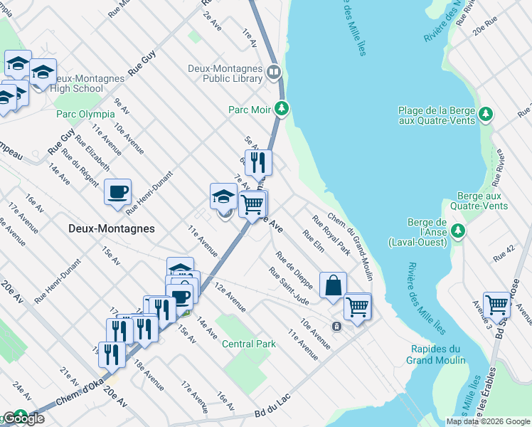 map of restaurants, bars, coffee shops, grocery stores, and more near 144 8e Avenue in Deux-Montagnes