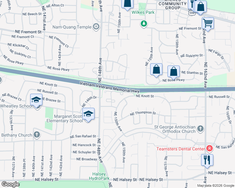 map of restaurants, bars, coffee shops, grocery stores, and more near 15015 Northeast Sacramento Street in Portland