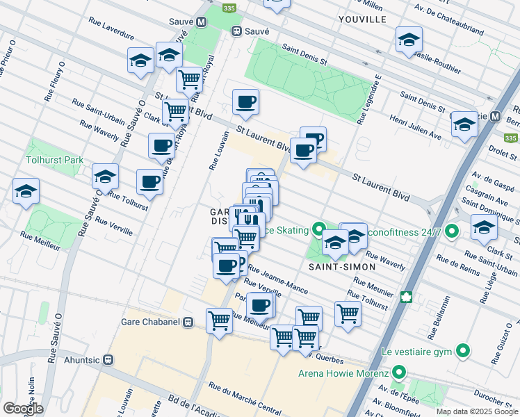 map of restaurants, bars, coffee shops, grocery stores, and more near 111 Rue Chabanel Ouest in Montréal