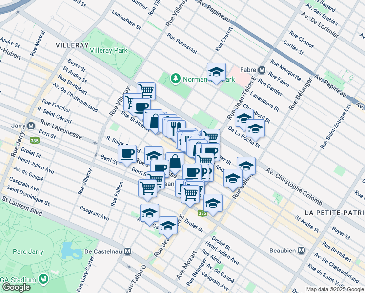 map of restaurants, bars, coffee shops, grocery stores, and more near 805 Rue de Castelnau Est in Montréal