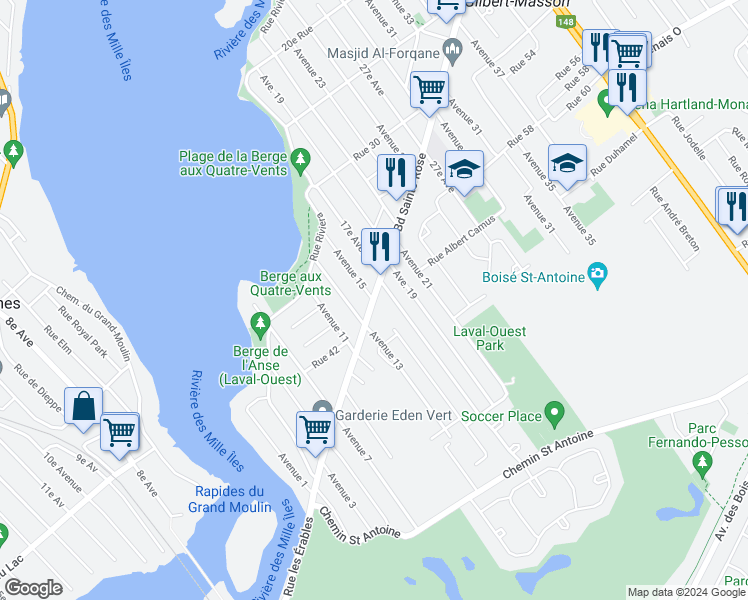 map of restaurants, bars, coffee shops, grocery stores, and more near 1610 Boulevard Sainte-Rose in Laval