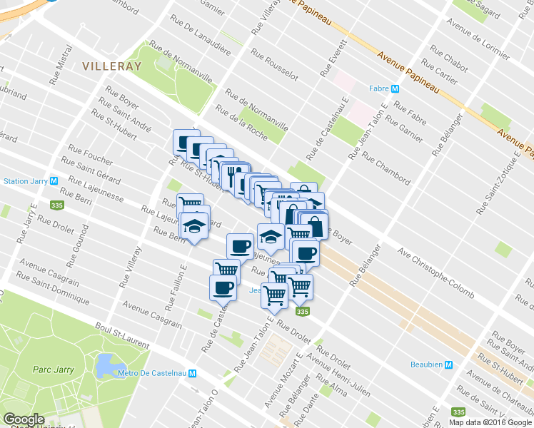 map of restaurants, bars, coffee shops, grocery stores, and more near 7345 Rue Saint-Hubert in Montréal