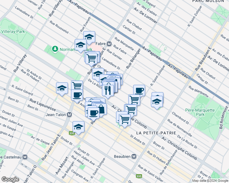 map of restaurants, bars, coffee shops, grocery stores, and more near 1220 Rue Bélanger in Montréal