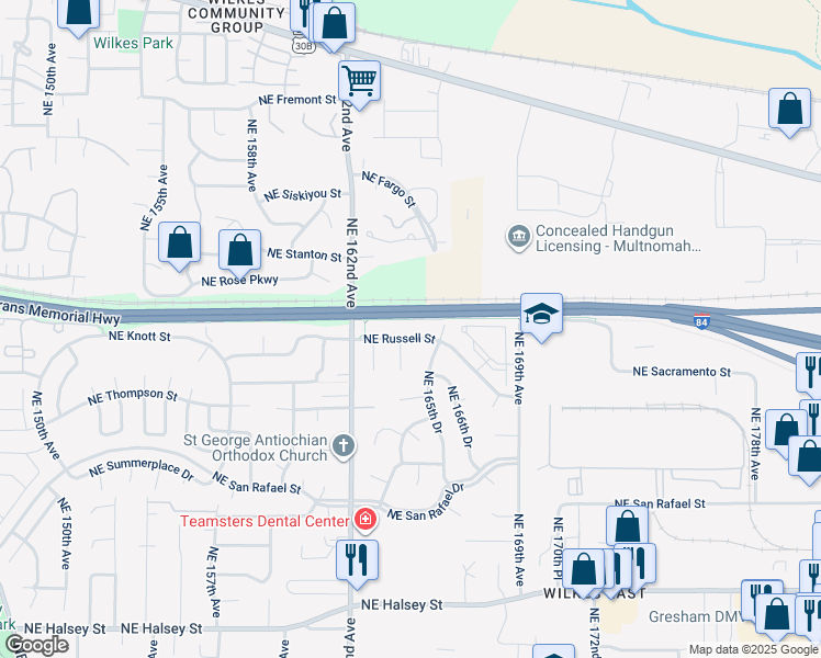 map of restaurants, bars, coffee shops, grocery stores, and more near 16446 Northeast Russell Street in Portland