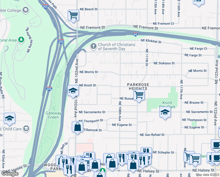 map of restaurants, bars, coffee shops, grocery stores, and more near 10637 Northeast Russell Court in Portland