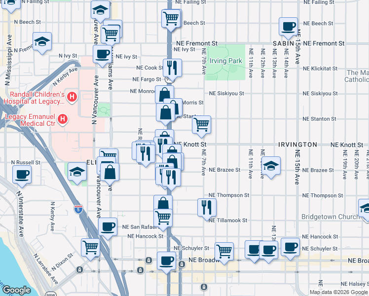 map of restaurants, bars, coffee shops, grocery stores, and more near 2650 Northeast Martin Luther King Junior Boulevard in Portland