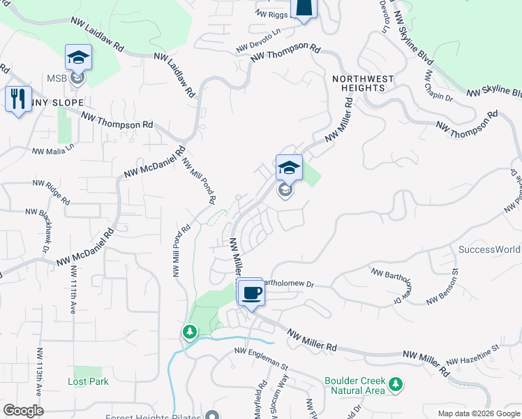 map of restaurants, bars, coffee shops, grocery stores, and more near 2527 Northwest Fern Ridge Drive in Portland
