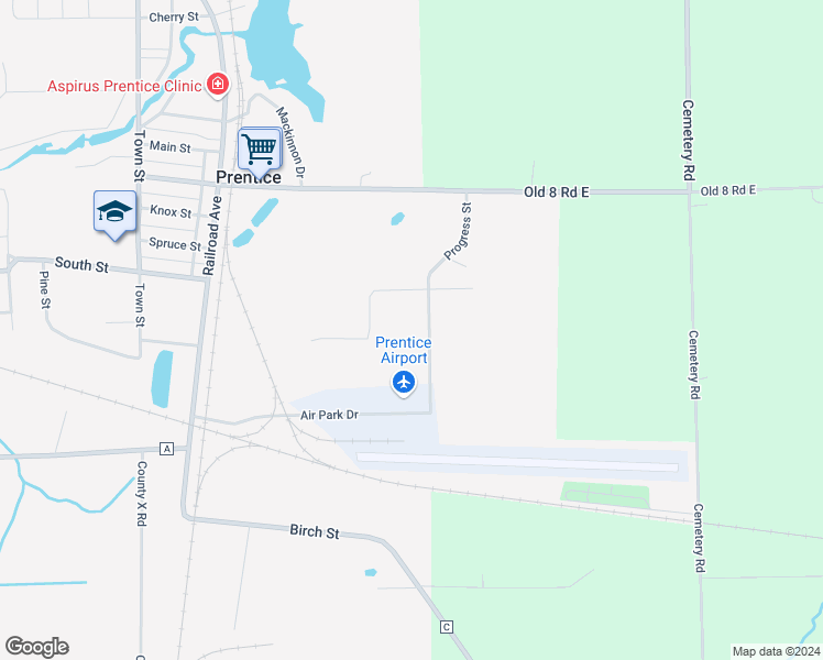 map of restaurants, bars, coffee shops, grocery stores, and more near 901 Progress Street in Prentice