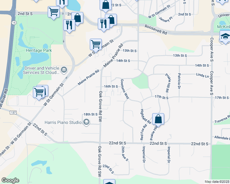 map of restaurants, bars, coffee shops, grocery stores, and more near 2725 Shannon Place in St. Cloud