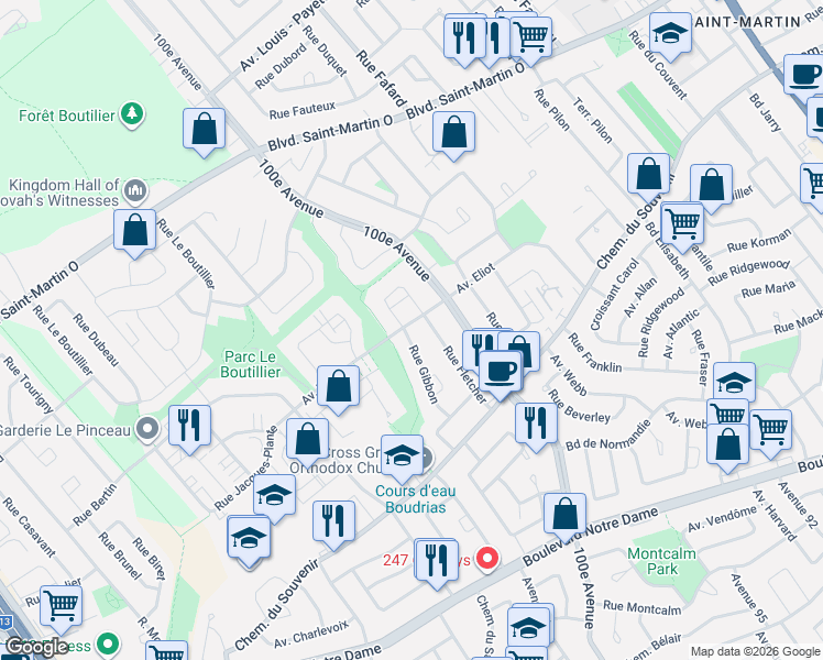map of restaurants, bars, coffee shops, grocery stores, and more near 1415 Rue Gibbon in Laval